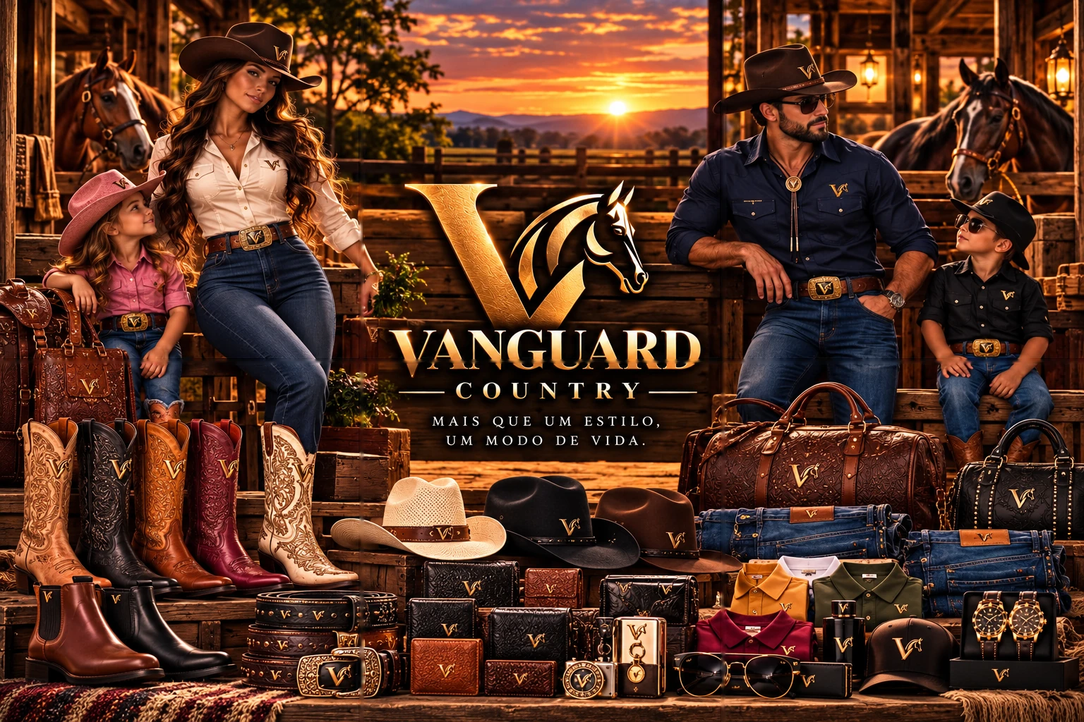 Campanha de moda country: mulher, menina, homem e menino ao lado de botas, chapéus, bolsas e acessórios, com a marca ao centro