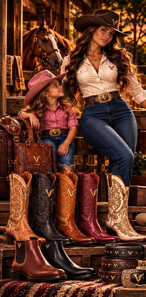 Mulher e menina com roupas country, botas e acessórios