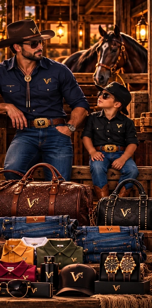 Homem e menino com roupas country, bolsas e acessórios